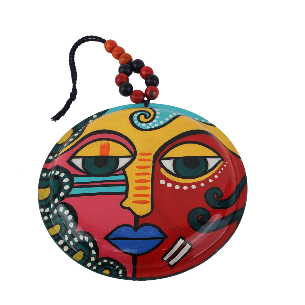 Indha Hand Painted Wall Art Decor | Multicolor Sustainable Wall Decor | Wooden Beads Wall Decor | Terracotta Plate Wall Decor Multicolor Handpainted Face Design |