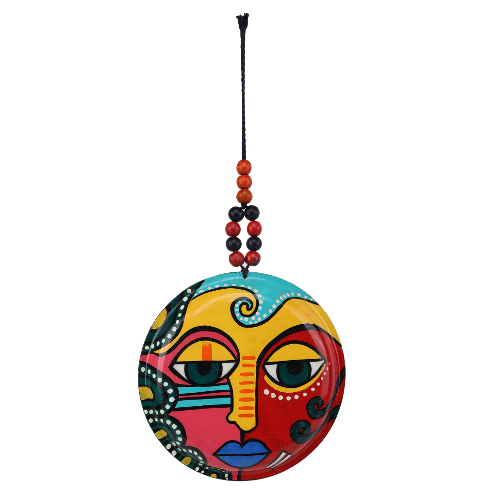 Indha Hand Painted Wall Art Decor | Multicolor Sustainable Wall Decor | Wooden Beads Wall Decor | Terracotta Plate Wall Decor Multicolor Handpainted Face Design |