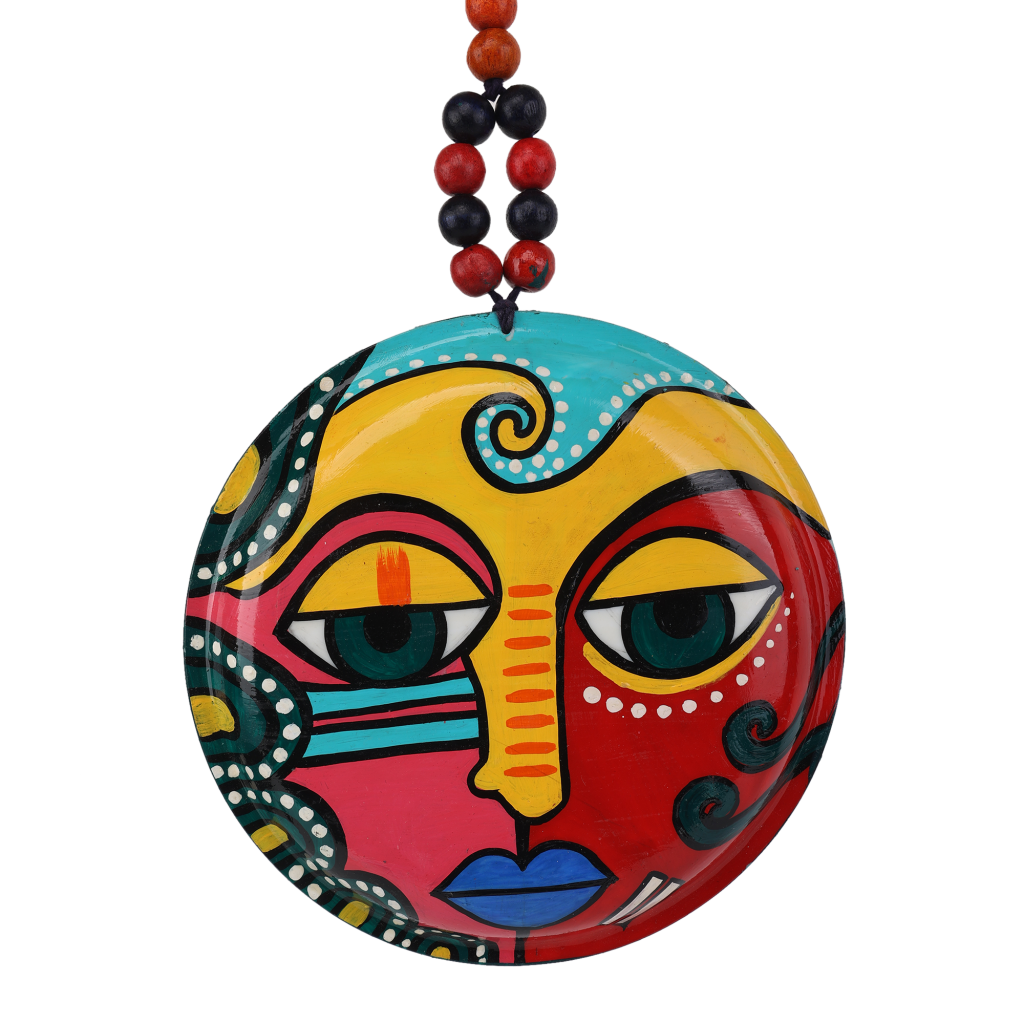 Indha Hand Painted Wall Art Decor | Multicolor Sustainable Wall Decor | Wooden Beads Wall Decor | Terracotta Plate Wall Decor Multicolor Handpainted Face Design |