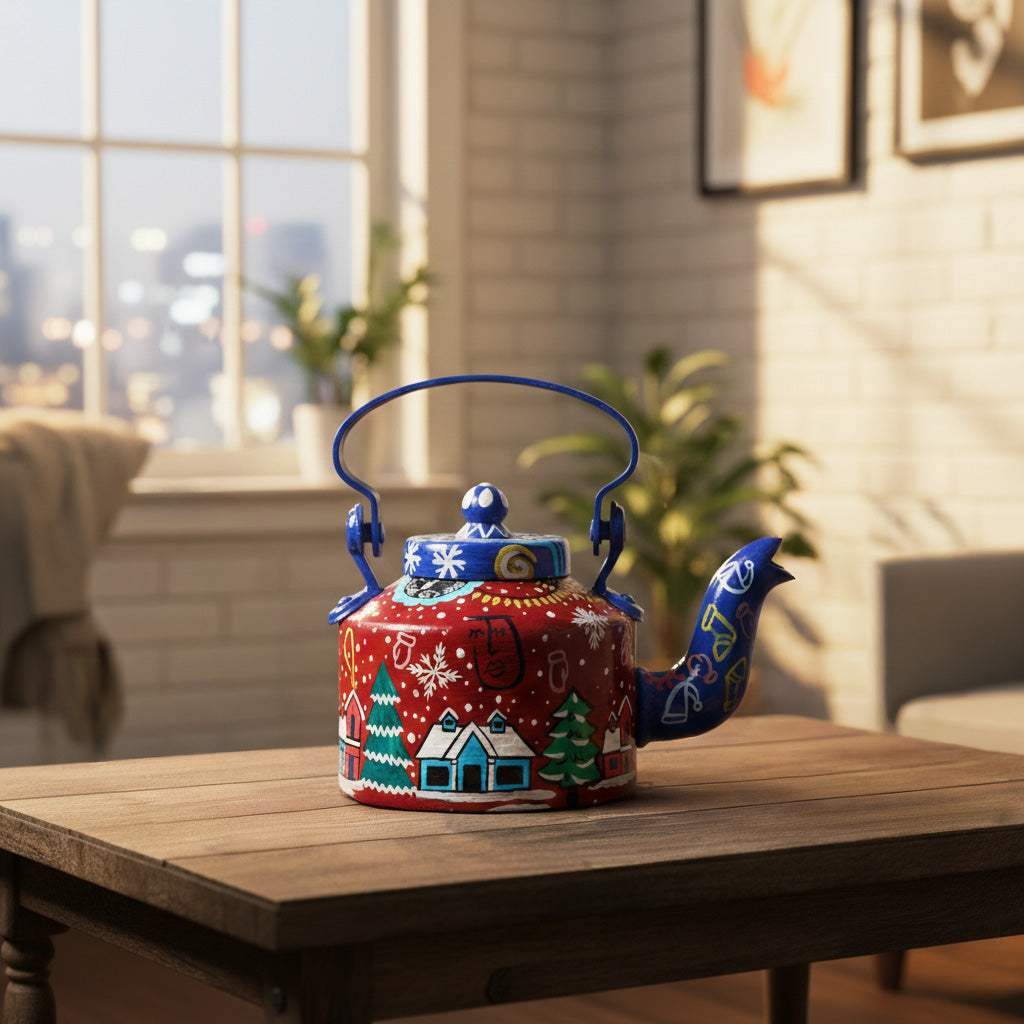 INDHA Hand-Painted Aluminium Christmas Theme Kettle | Large Decorative Vintage Tea Kettle for Holiday Home Décor & Gifting
