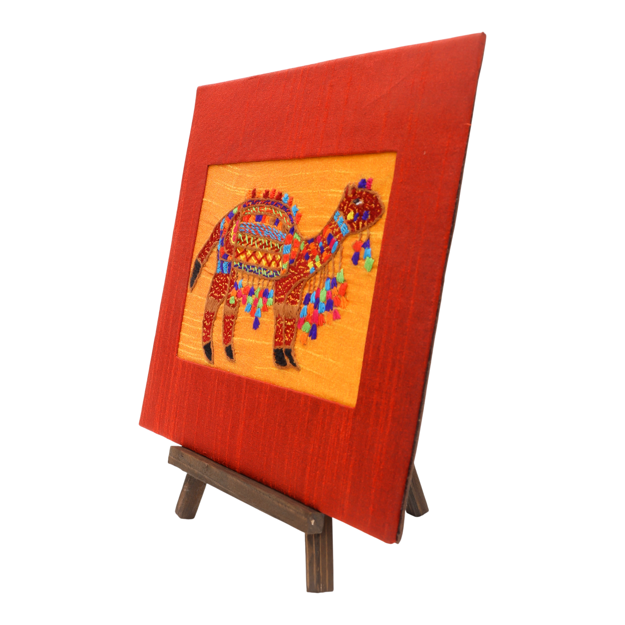 Indha Hand-Embroidered Rajasthani Desert Camel – Silk Textile Art with Mini Wooden Easel| Indian handmade Gift