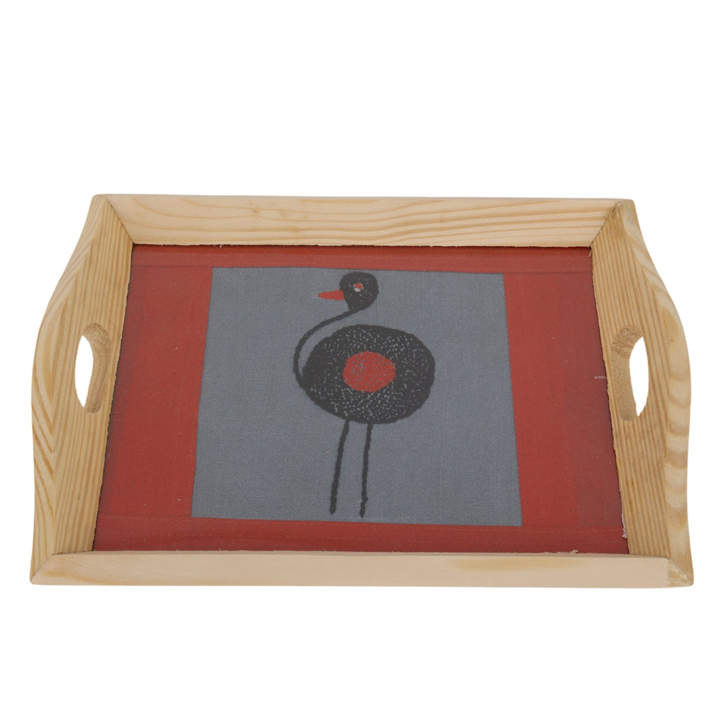 Indha Hand Embroidered Bird Motif Pine Wood Tray| Art Silk | Handmade Gift