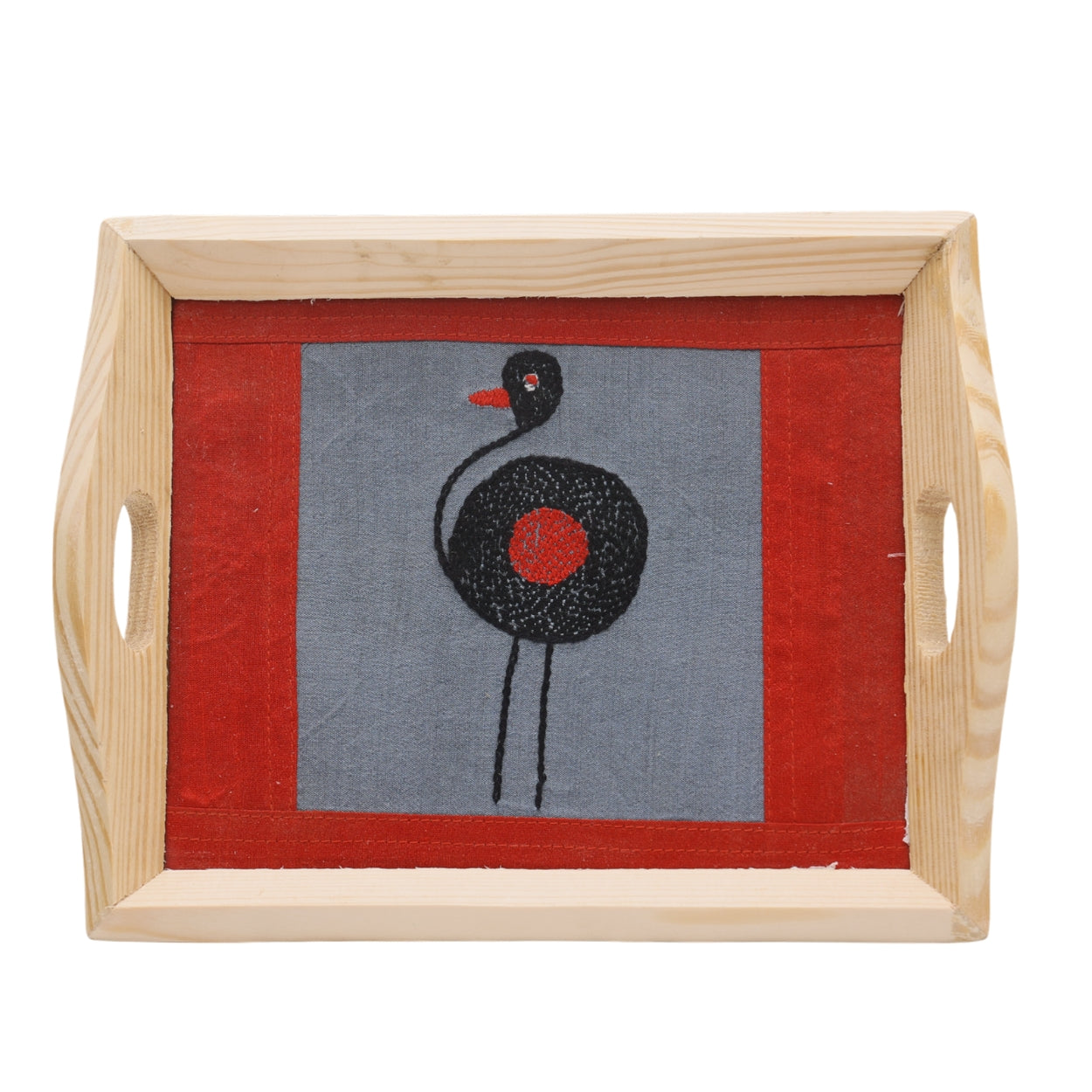 Indha Hand Embroidered Bird Motif Pine Wood Tray| Art Silk | Handmade Gift