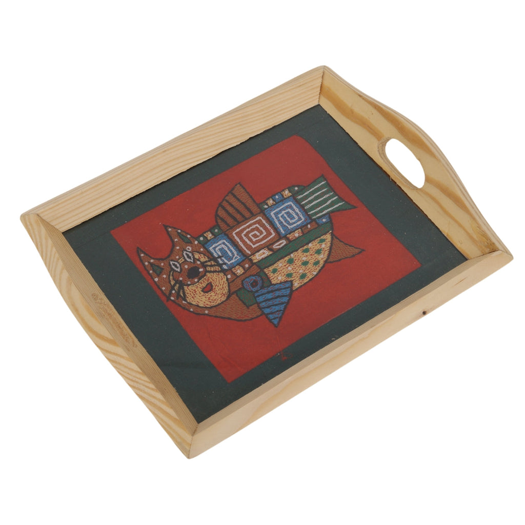 Indha Eco-Friendly Hand Embroidered Cat-Fish Motif Pine Wood Tray – Sustainable Artisanal Decor Gift