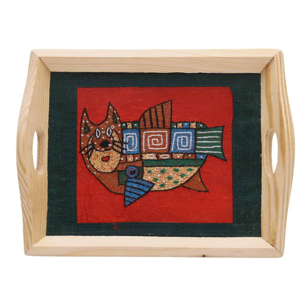 Indha Eco-Friendly Hand Embroidered Cat-Fish Motif Pine Wood Tray – Sustainable Artisanal Decor Gift