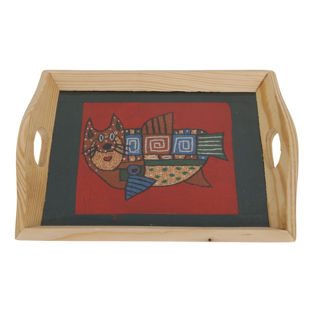 Indha Eco-Friendly Hand Embroidered Cat-Fish Motif Pine Wood Tray – Sustainable Artisanal Decor Gift