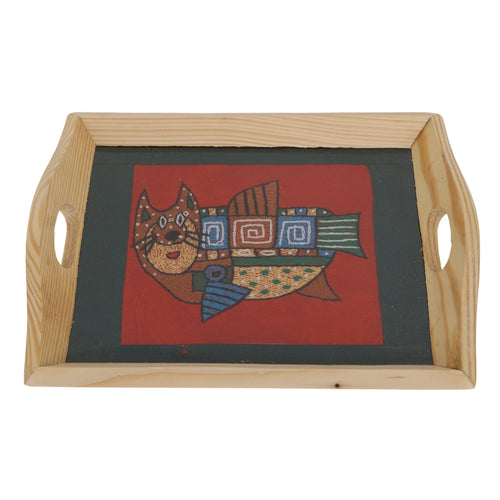 Indha Eco-Friendly Hand Embroidered Cat-Fish Motif Pine Wood Tray – Sustainable Artisanal Decor Gift