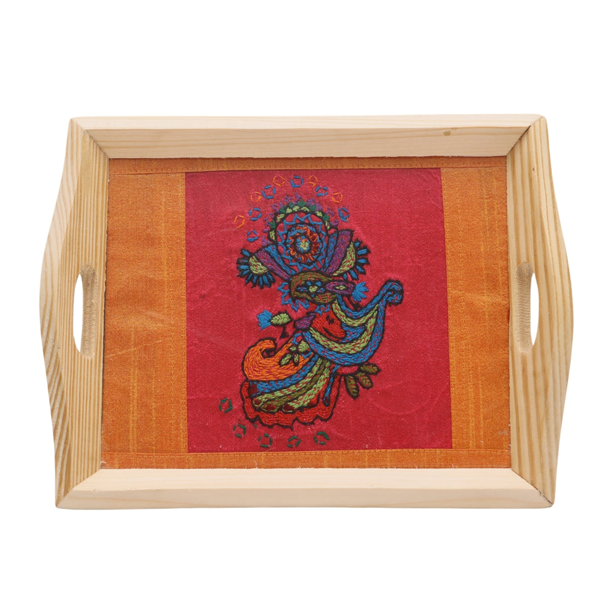Eco-Chic Elegance: Indha Hand Embroidered Abstract Flower Motif Pine Wood Tray | Décor| Artisanal | Handmade