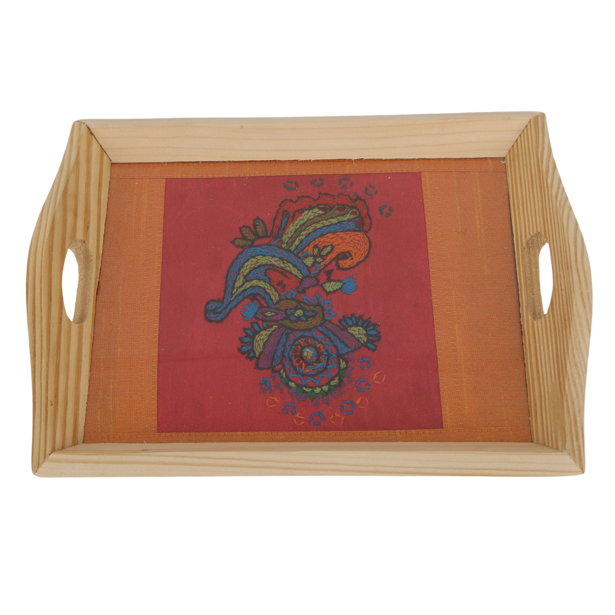Eco-Chic Elegance: Indha Hand Embroidered Abstract Flower Motif Pine Wood Tray | Décor| Artisanal | Handmade