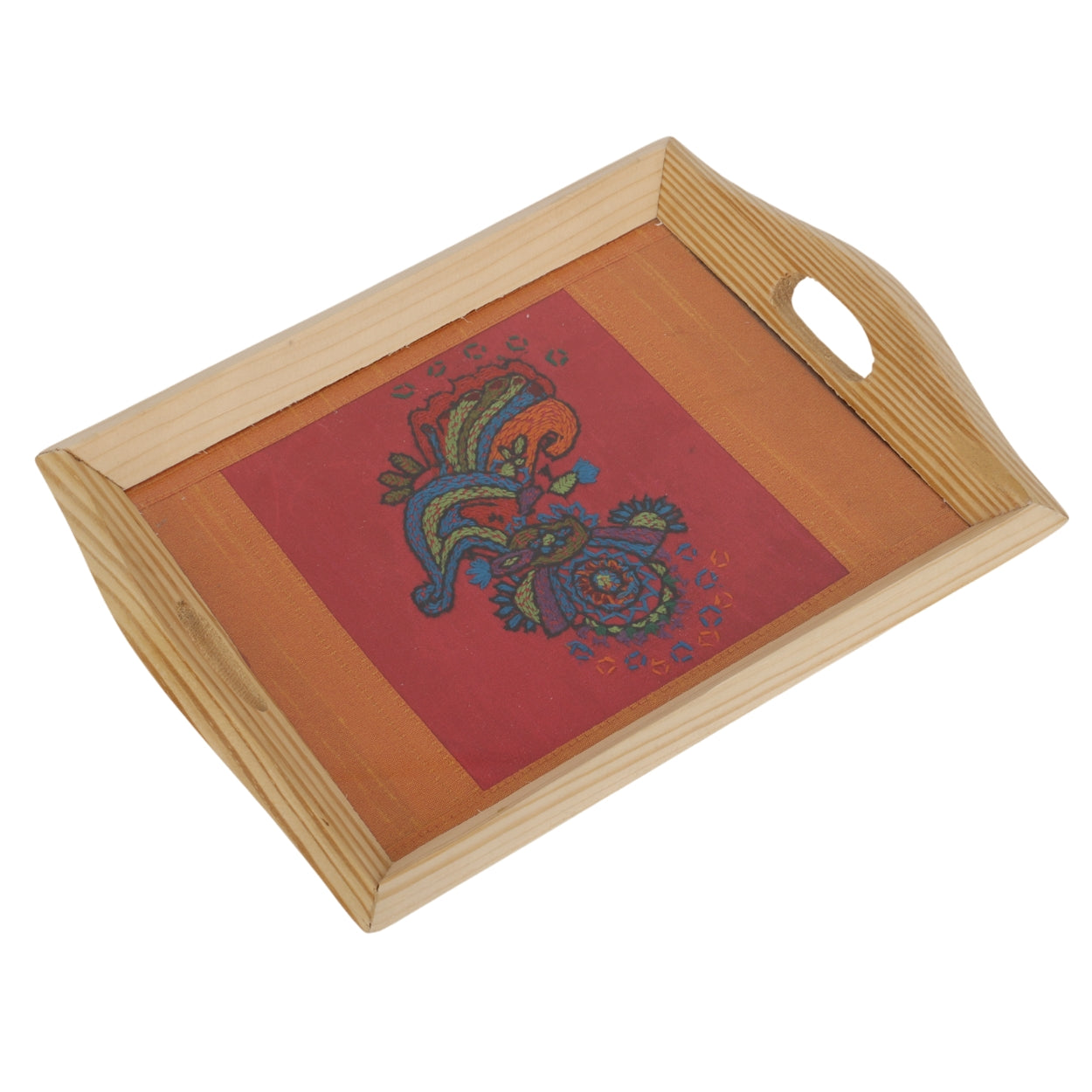 Eco-Chic Elegance: Indha Hand Embroidered Abstract Flower Motif Pine Wood Tray | Décor| Artisanal | Handmade