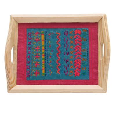 Indha Hand Embroidered Patchwork Motif Tray | Dupion Silk Pine Wood Wooden Serving & Decorative Tray