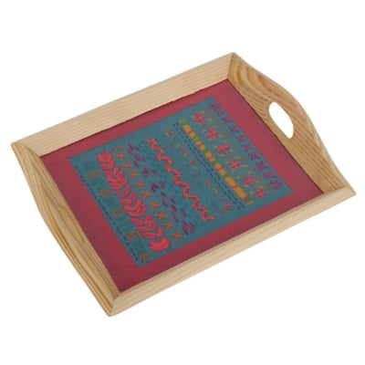 Indha Hand Embroidered Patchwork Motif Tray | Dupion Silk Pine Wood Wooden Serving & Decorative Tray