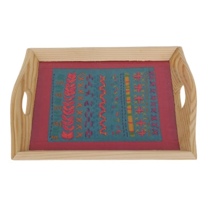 Indha Hand Embroidered Patchwork Motif Tray | Dupion Silk Pine Wood Wooden Serving & Decorative Tray