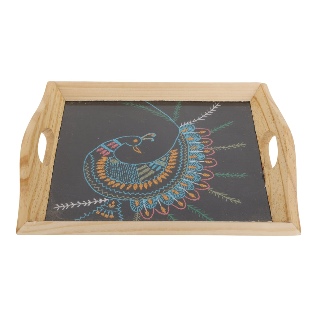 Indha Hand Embroidered Peacock Motif | Black Dupian Silk | Pine Wood Tray| Corporate Gift| Festive Gifting| National Bird
