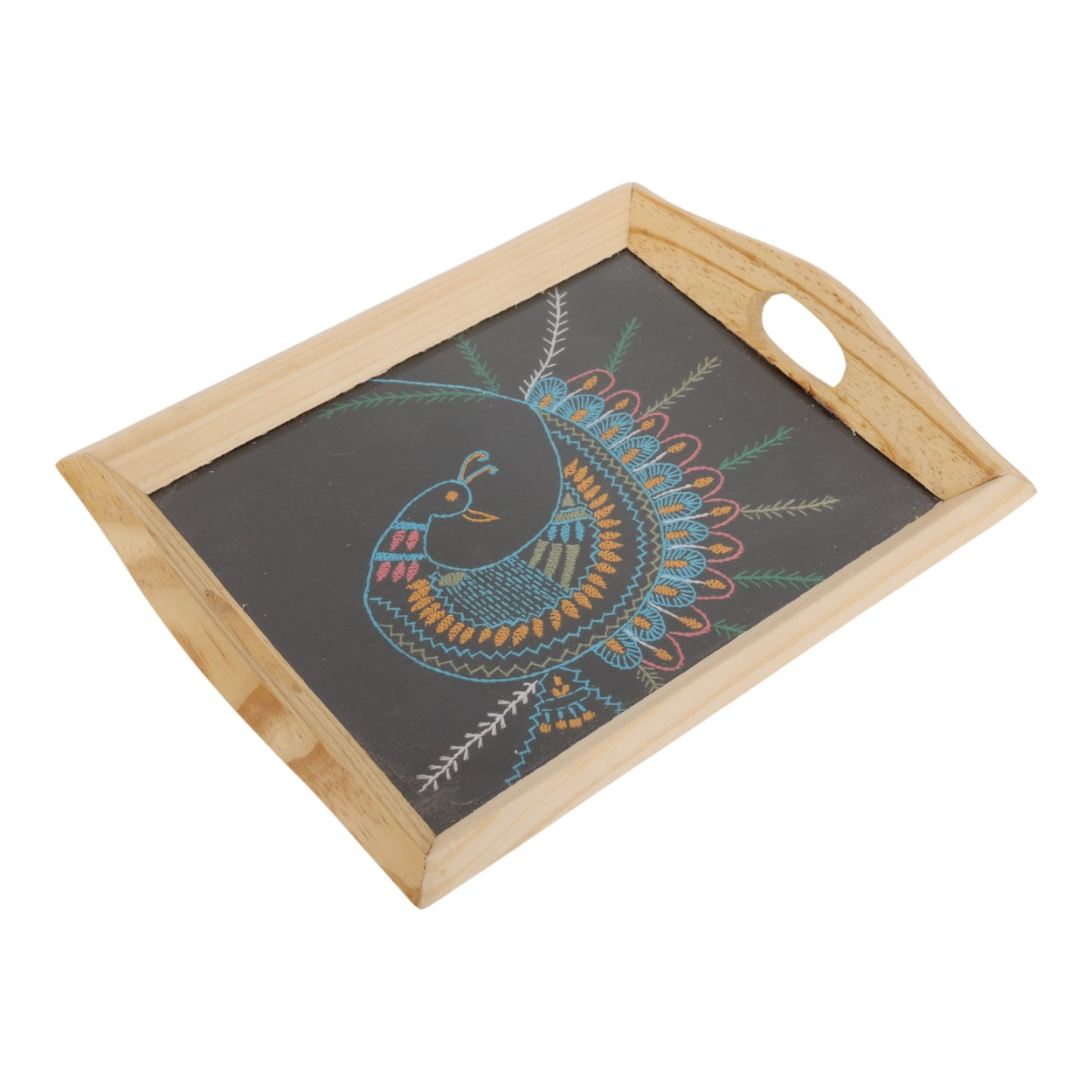 Indha Hand Embroidered Peacock Motif | Black Dupian Silk | Pine Wood Tray| Corporate Gift| Festive Gifting| National Bird