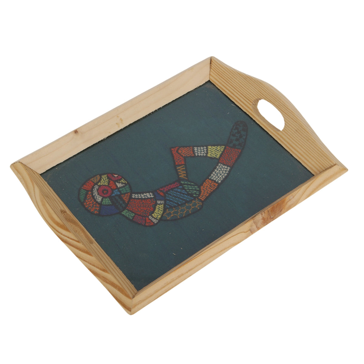 Indha Hand Embroidered Relaxed Alien Motif Pine Wood Tray | Awesome Gift | Quirky | Whimsy Gifting