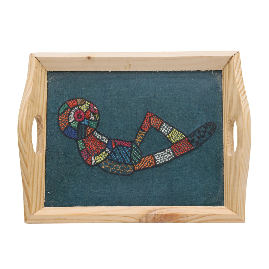 Indha Hand Embroidered Relaxed Alien Motif Pine Wood Tray | Awesome Gift | Quirky | Whimsy Gifting