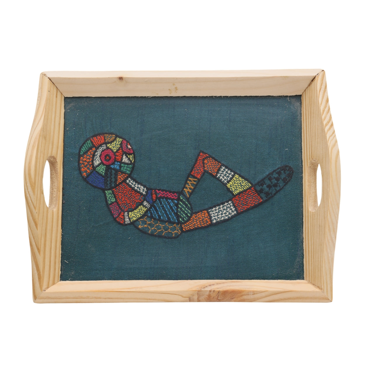 Indha Hand Embroidered Relaxed Alien Motif Pine Wood Tray | Awesome Gift | Quirky | Whimsy Gifting