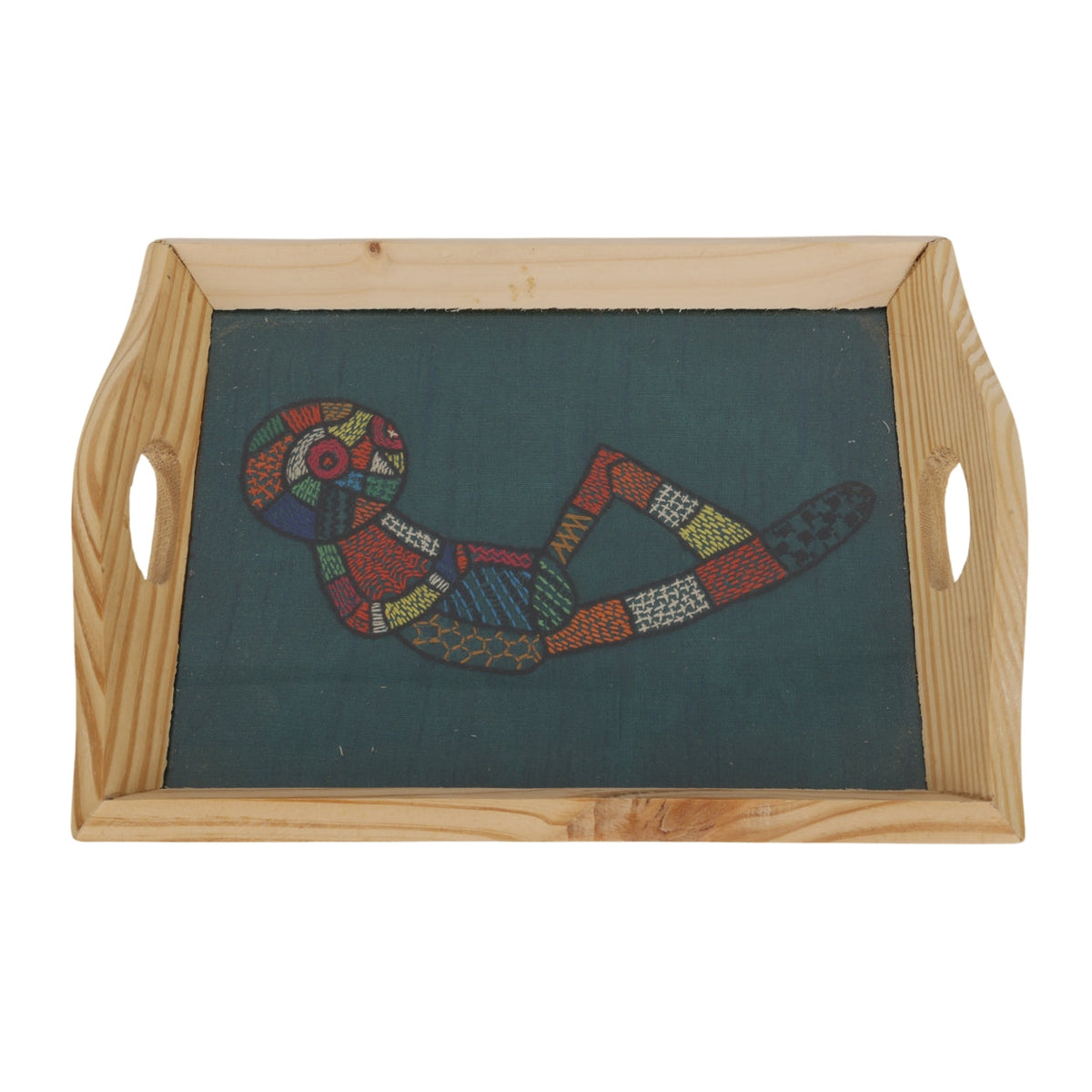 Indha Hand Embroidered Relaxed Alien Motif Pine Wood Tray | Awesome Gift | Quirky | Whimsy Gifting