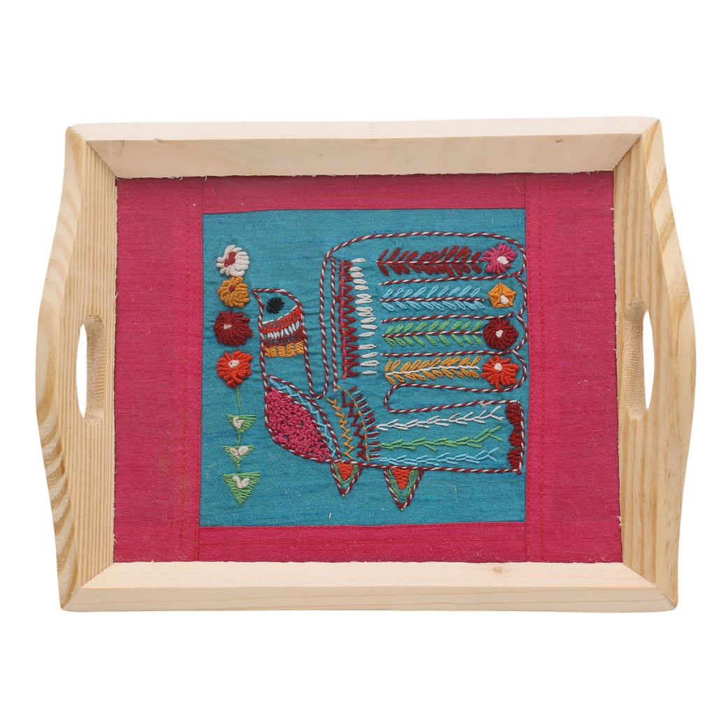Indha Hand Embroidered Robin Bird Motif | Blue- Pink Dupian Silk | Pine Wood Tray | Gift for all occasions | Artisanal Gift