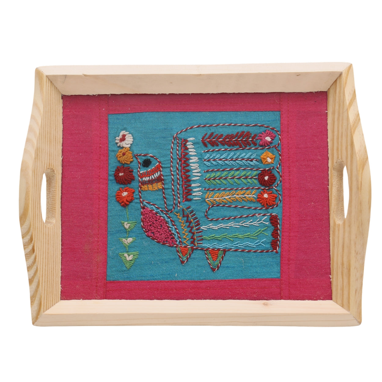Indha Hand Embroidered Robin Bird Motif | Blue- Pink Dupian Silk | Pine Wood Tray | Gift for all occasions | Artisanal Gift