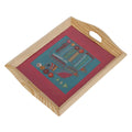 Indha Hand Embroidered Robin Bird Motif | Blue- Pink Dupian Silk | Pine Wood Tray | Gift for all occasions | Artisanal Gift