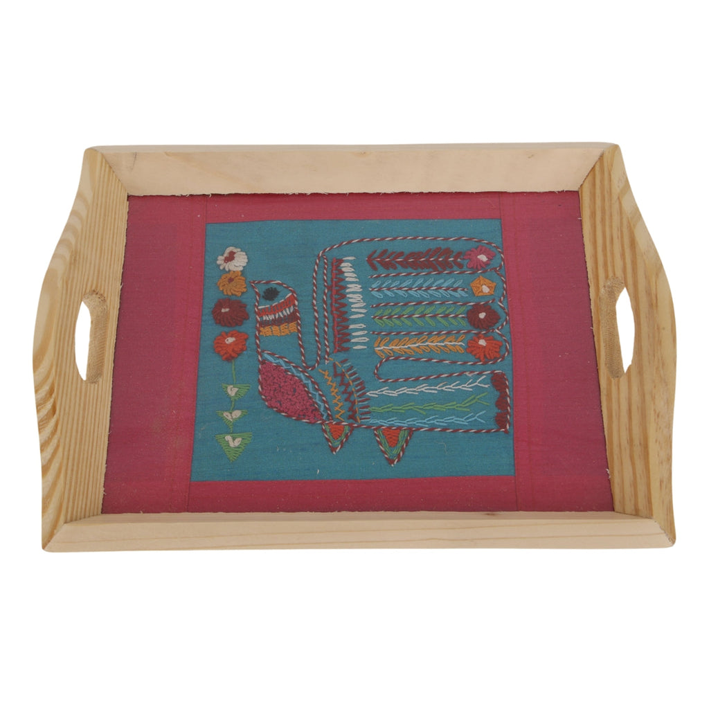 Indha Hand Embroidered Robin Bird Motif | Blue- Pink Dupian Silk | Pine Wood Tray | Gift for all occasions | Artisanal Gift