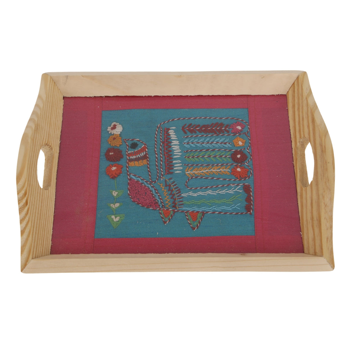 Indha Hand Embroidered Robin Bird Motif | Blue- Pink Dupian Silk | Pine Wood Tray | Gift for all occasions | Artisanal Gift