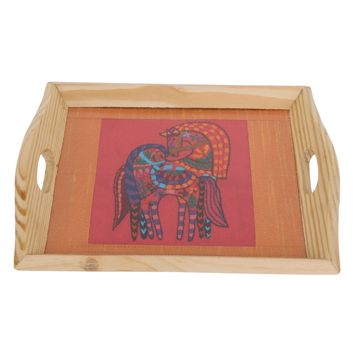 Indha Hand Embroidered Twin Horse Motif Pine Wood Tray | Dupian Silk | Handmade | Artisanal Gift