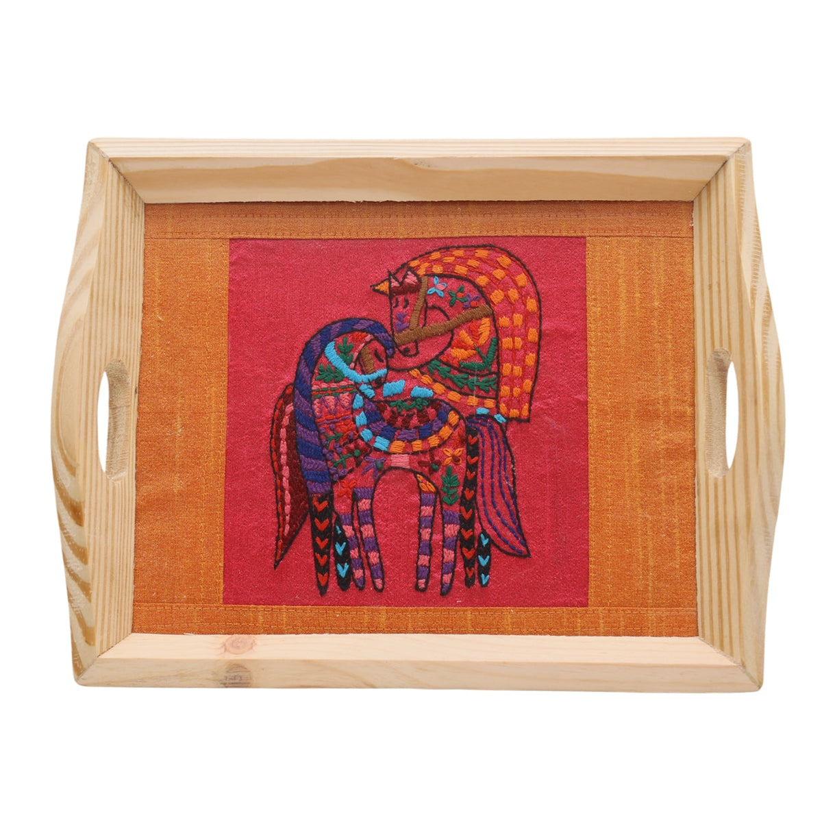 Indha Hand Embroidered Twin Horse Motif Pine Wood Tray | Dupian Silk | Handmade | Artisanal Gift