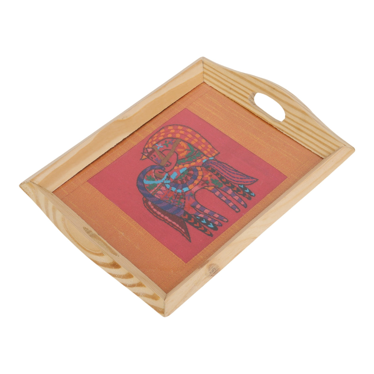 Indha Hand Embroidered Twin Horse Motif Pine Wood Tray | Dupian Silk | Handmade | Artisanal Gift