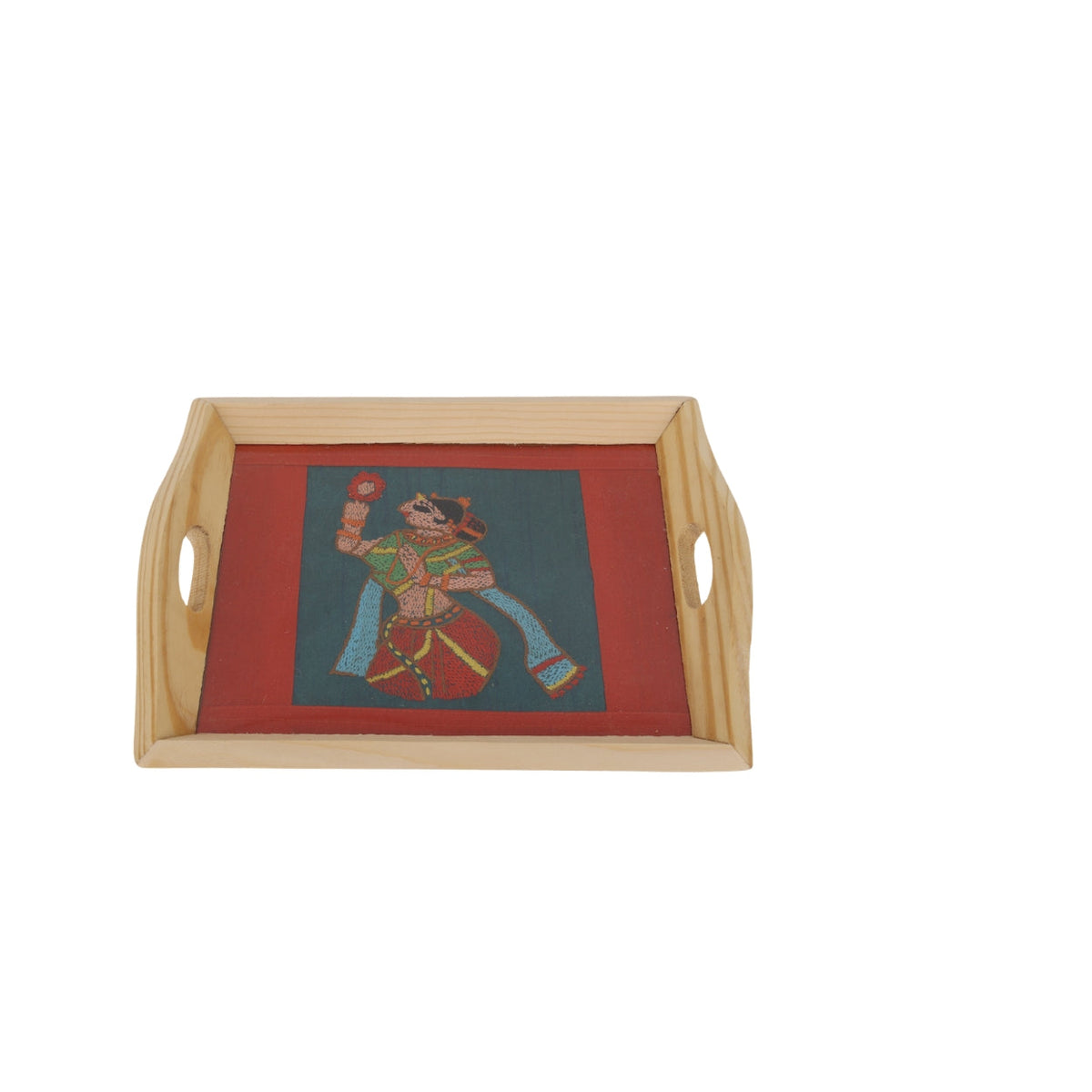 Indha Hand Embroidered Woman with a  Mirror Motif Pine Wood Tray | Décor | Gift for all occassion