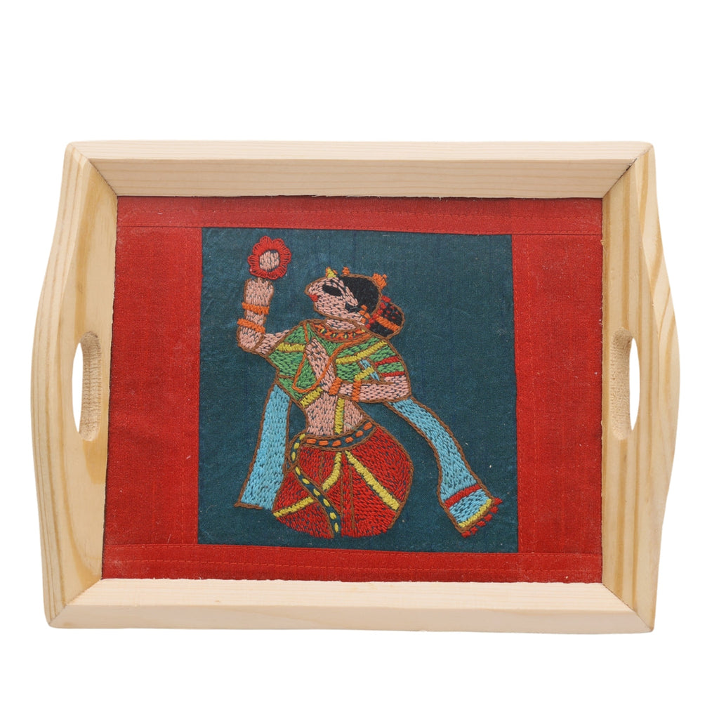 Indha Hand Embroidered Woman with a  Mirror Motif Pine Wood Tray | Décor | Gift for all occassion