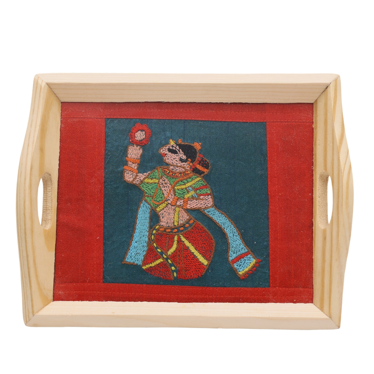 Indha Hand Embroidered Woman with a  Mirror Motif Pine Wood Tray | Décor | Gift for all occassion