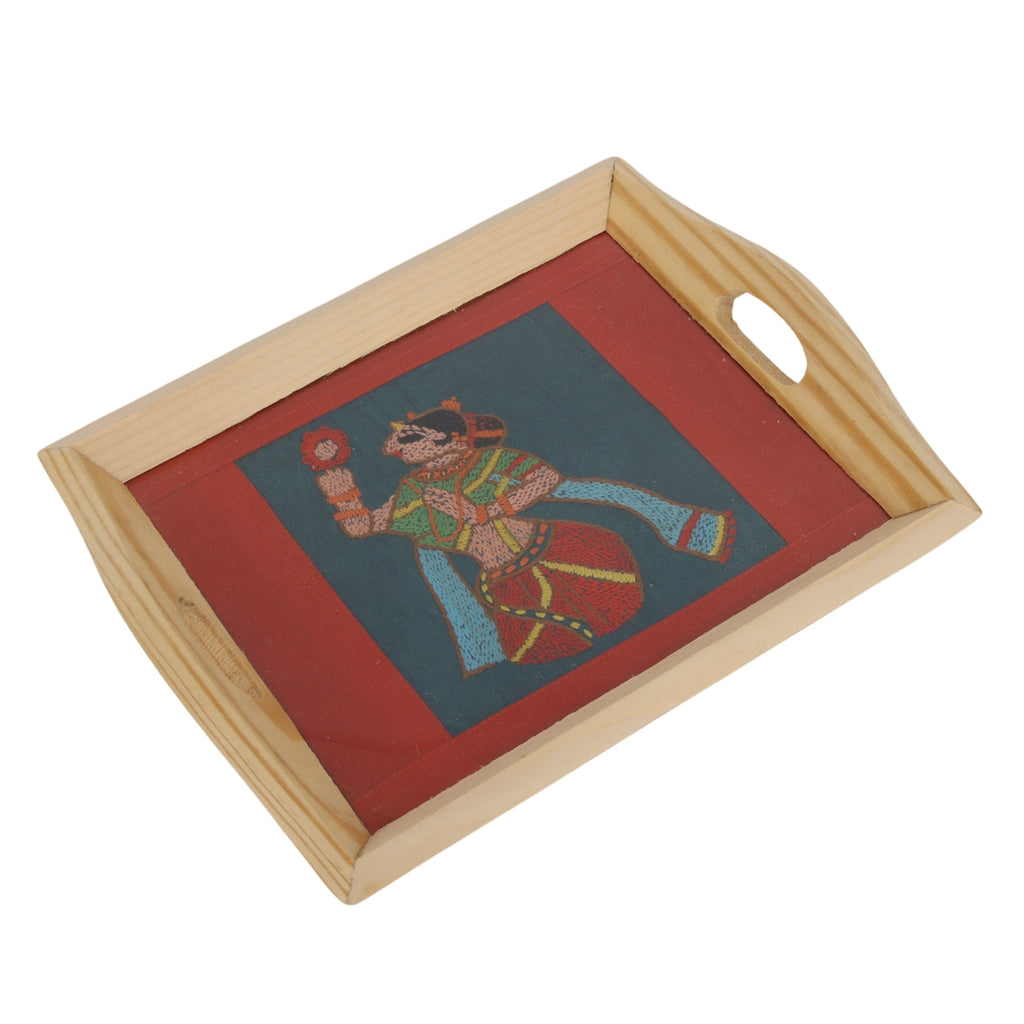 Indha Hand Embroidered Woman with a  Mirror Motif Pine Wood Tray | Décor | Gift for all occassion