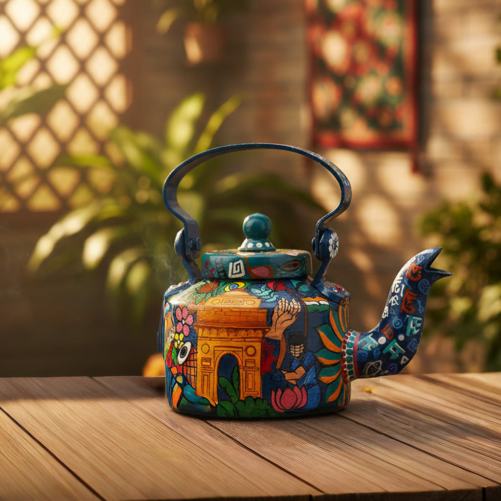 INDHA Decorative Aluminum Hand Painted Kettle Namaste India Theme Print | Hand-Painted Kettle Multicolour | Exquisite Design Kettle | Gift Piece | Home Decor