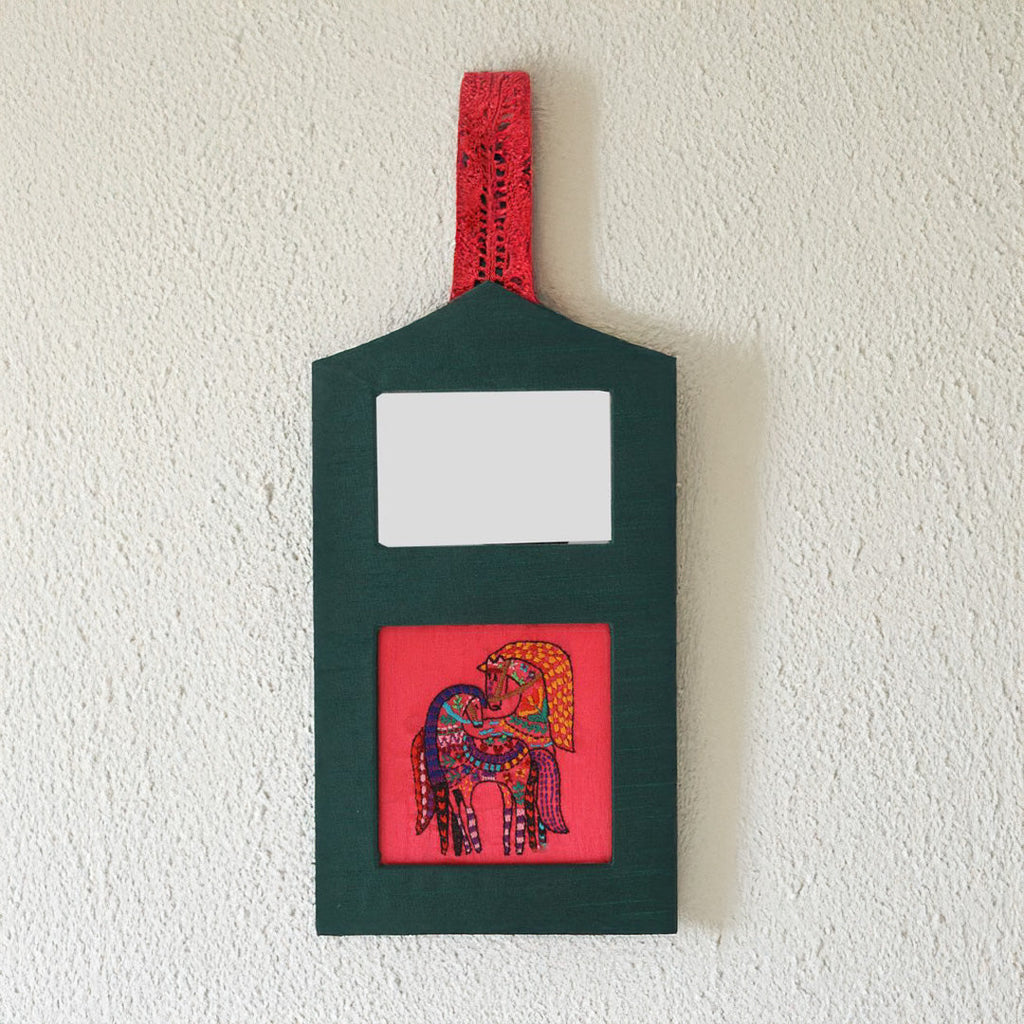 Indha Horse Embroidered Wall Hanging with Mirror | Handcrafted in Repurposed Wood | Artistic &amp; Eco-Friendly Décor | Symbol of Strength &amp; Positivity
