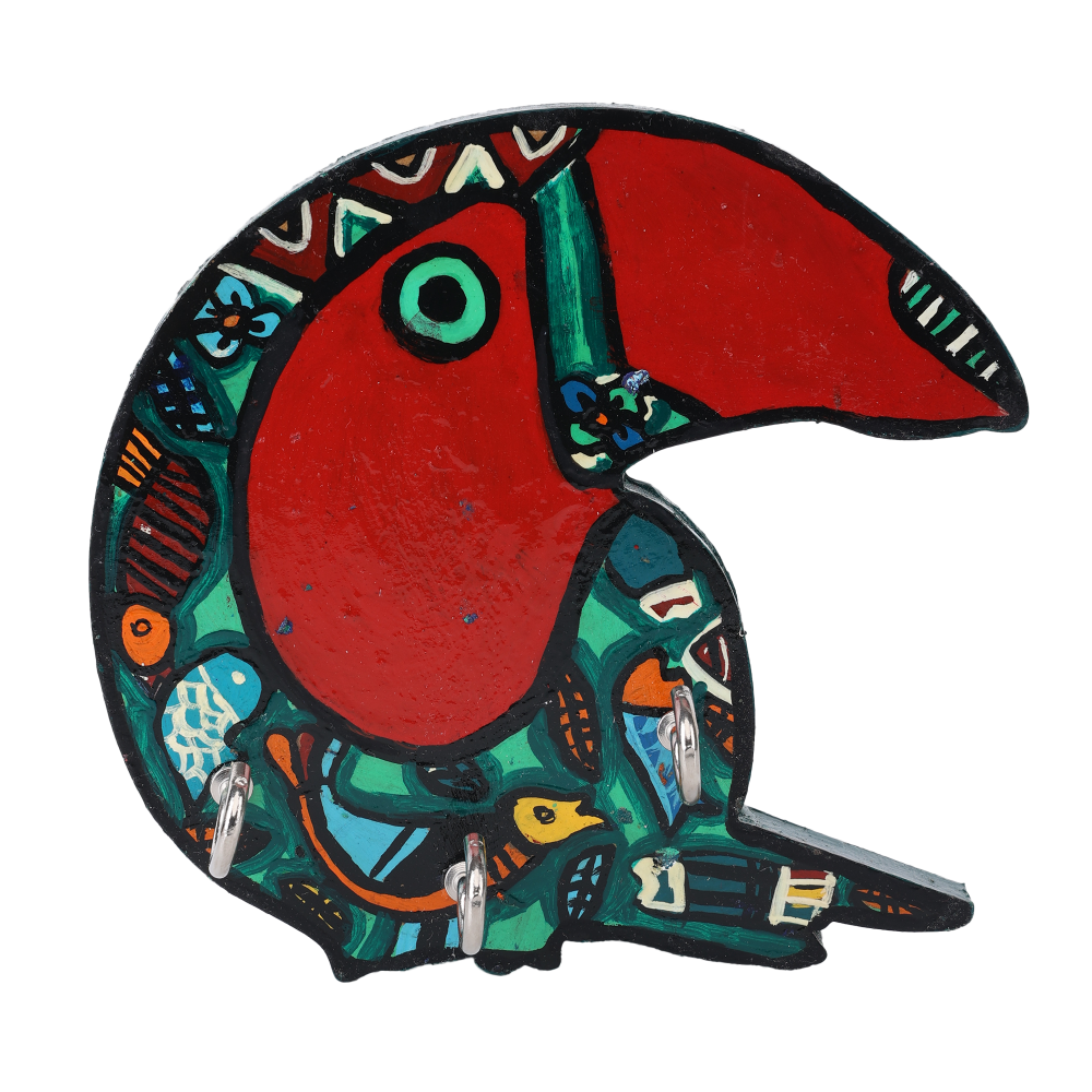 Indha Handcrafted Bird Design Key Holder | Wall Mounted Entryway Key Organizer | Multicolor Hand-Painted | Eco-Friendly Reprocessed Wood | 3 Hooks
