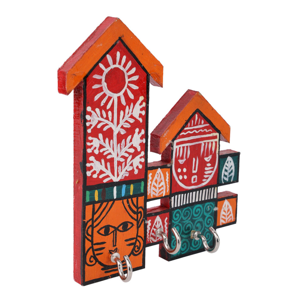 Indha Handcrafted House Design Key Holder | Wall Mounted Entryway Key Organizer | Multicolor Hand-Painted | Eco-Friendly Wooden Key Rack | 3 Hooks