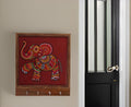 Indha Handcrafted Maroon Dupion Silk Key Holder | Elephant Design Wall Mounted Key Organizer | Hand Embroidered Kantha & Chain Stitch | Wooden Base