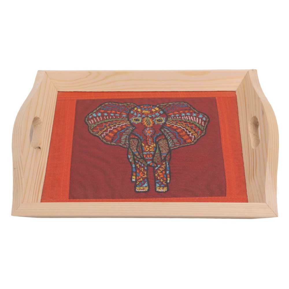 Indha Wooden Tray for Serving- Handcrafted &amp; Hand-Embroidered for Kitchen/Table &amp; Home Decor/Dinning/Gifts/Restaurants/Living Room/Coffee Table 8 Inch Rectangular Tray