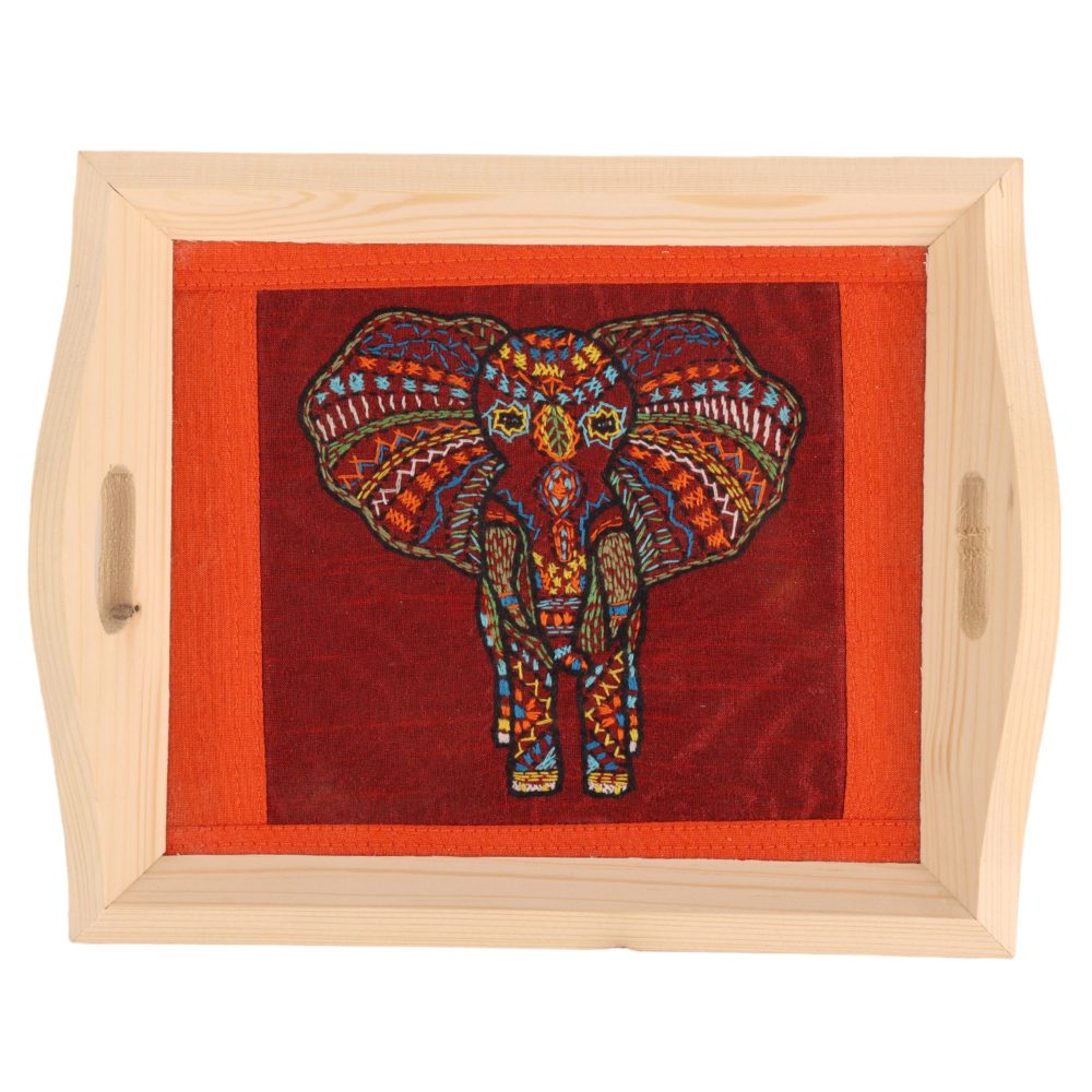 Indha Wooden Tray for Serving- Handcrafted &amp; Hand-Embroidered for Kitchen/Table &amp; Home Decor/Dinning/Gifts/Restaurants/Living Room/Coffee Table 8 Inch Rectangular Tray
