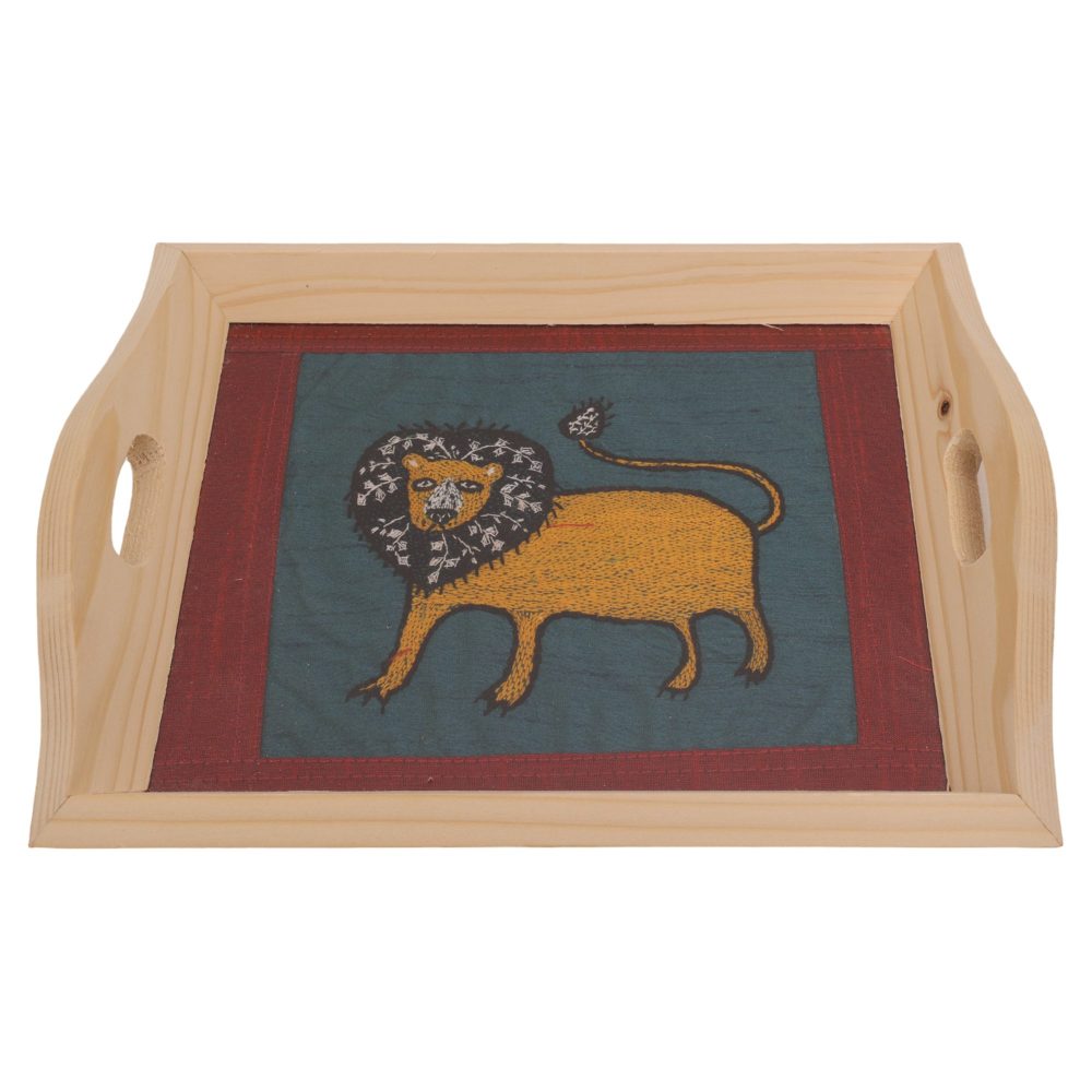 Indha Wooden Tray for Serving- Handmade & Hand-Embroidered for Kitchen/Table & Home Decor/Dinning/Gifts/Restaurants/Living Room/Coffee Table 8 Inch Rectangular Tray