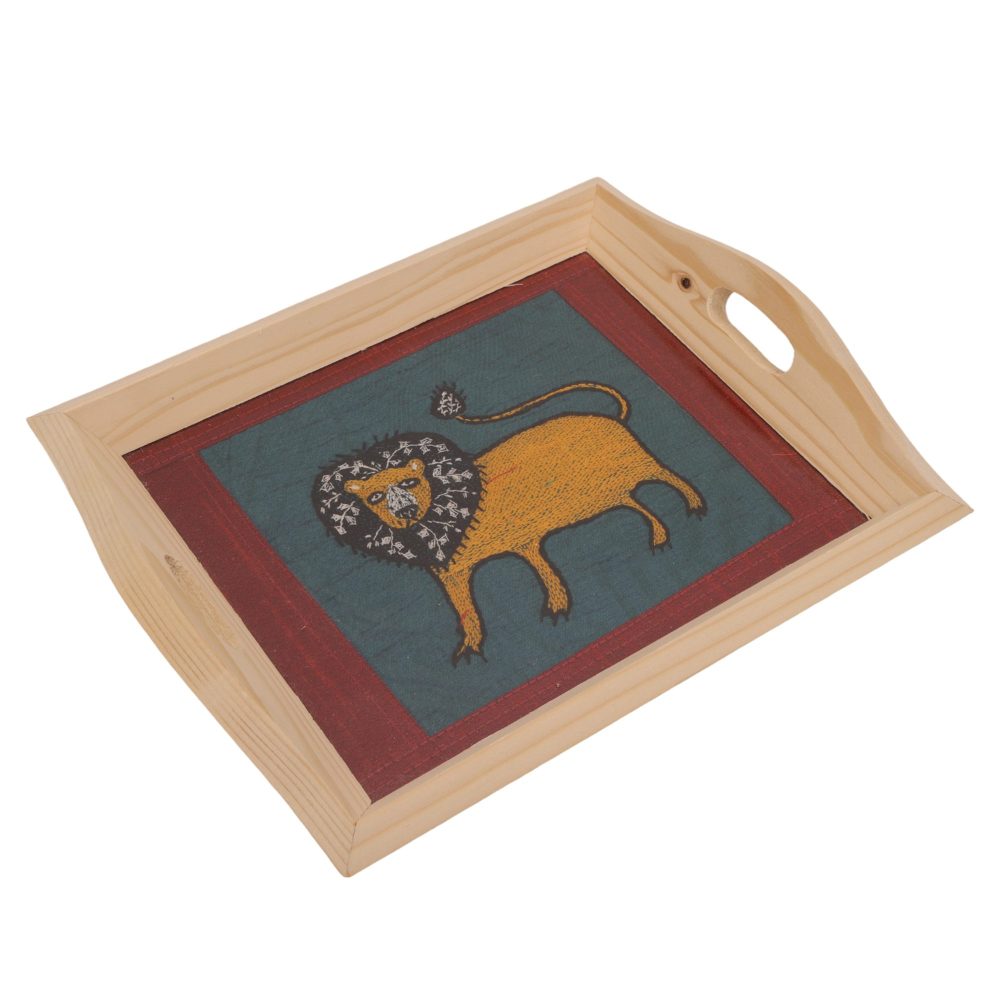 Indha Wooden Tray for Serving- Handmade & Hand-Embroidered for Kitchen/Table & Home Decor/Dinning/Gifts/Restaurants/Living Room/Coffee Table 8 Inch Rectangular Tray