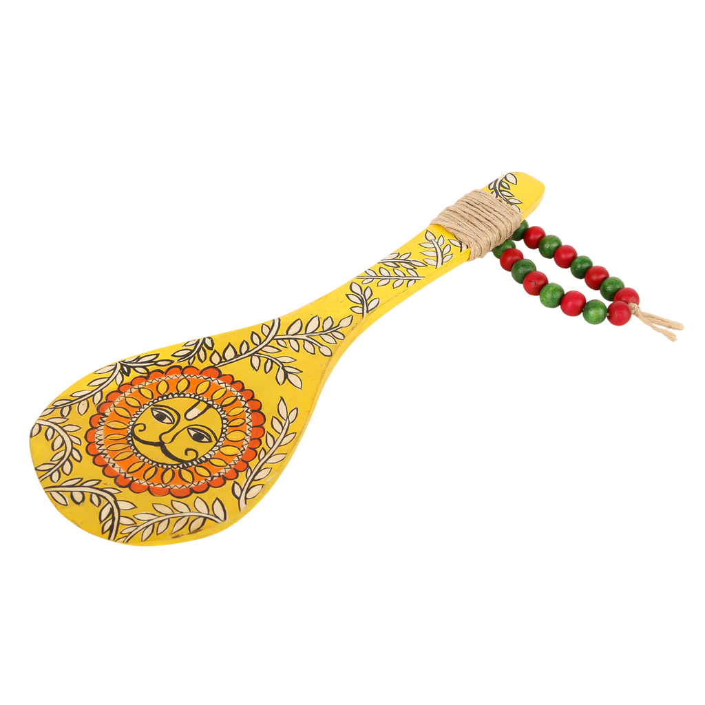 Indha Hand-Painted Wooden Spoon Décor – Madhubani Sun Art | Yellow Wall Accent with Jute & Beads | Travel-Friendly Indian Souvenir | Handmade Gift