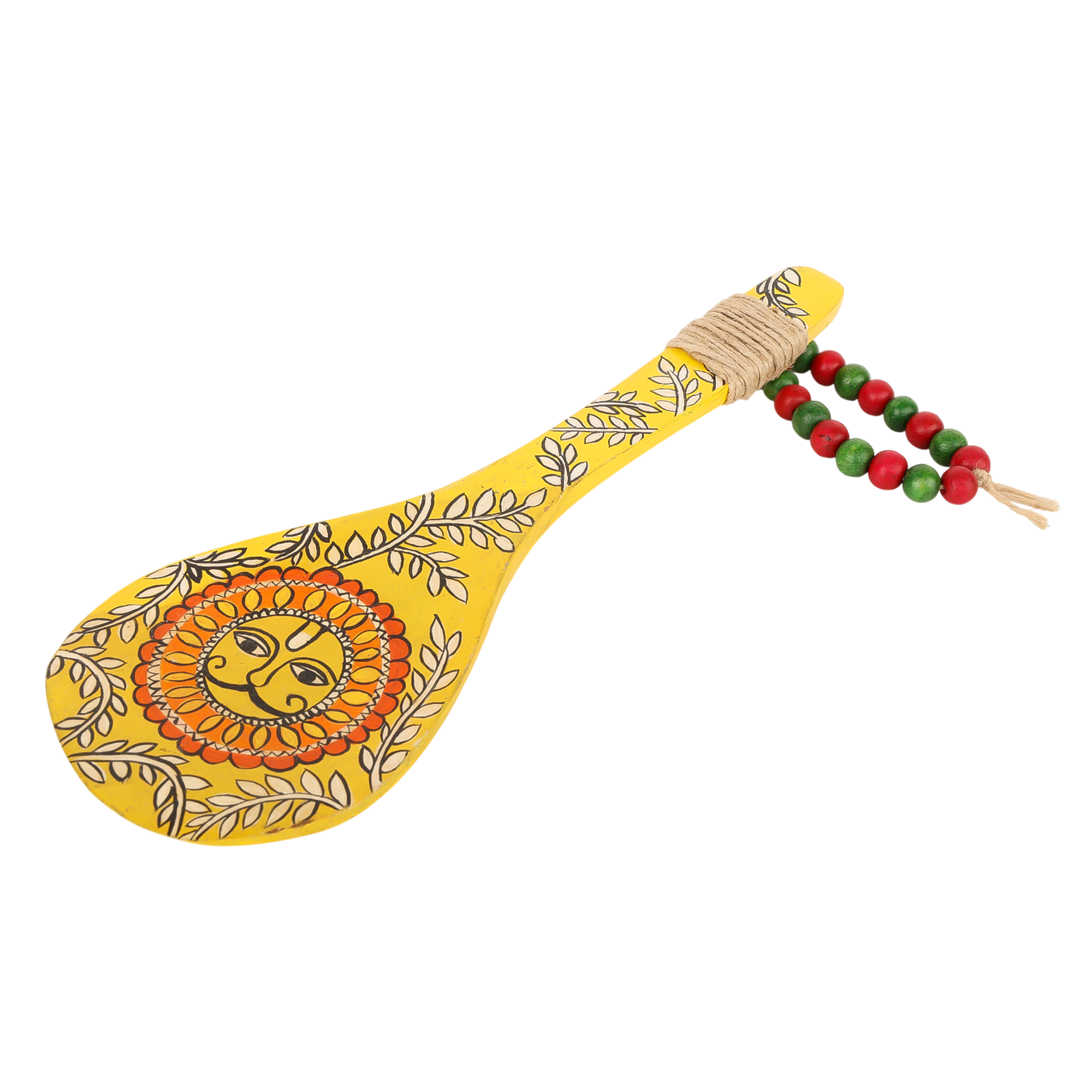 Indha Hand-Painted Wooden Spoon Décor – Madhubani Sun Art | Yellow Wall Accent with Jute & Beads | Travel-Friendly Indian Souvenir | Handmade Gift
