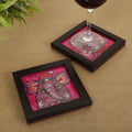 INDHA Baby Elephant Kantha Work Hand-Embroidered Pink Dupion Silk Wooden Glass Coaster Set of 2 | Handmade Utility Décor