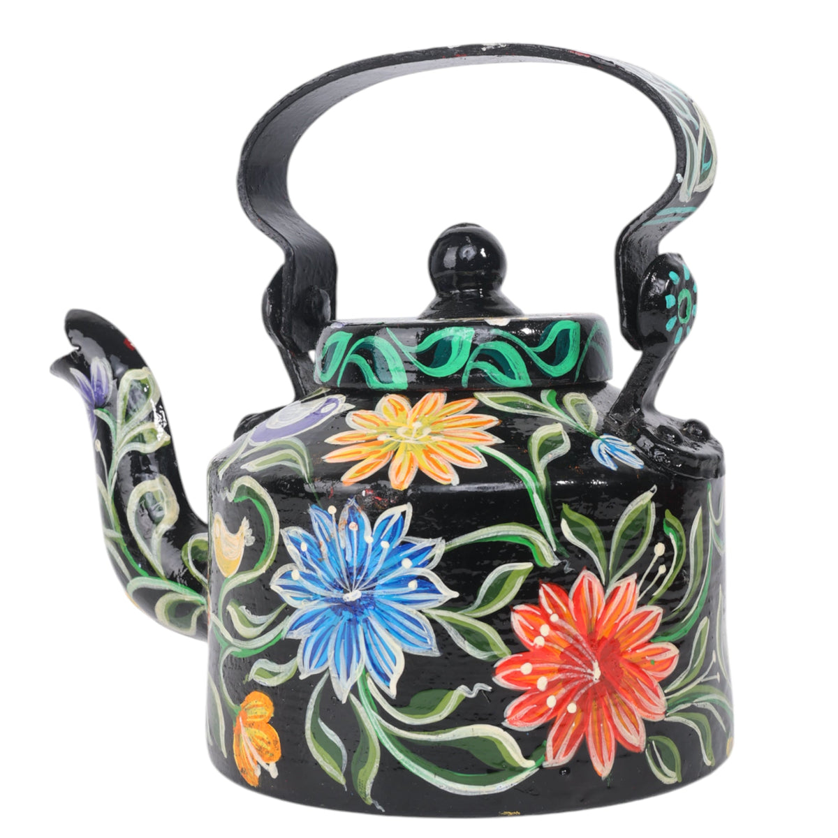 INDHA Decorative Aluminium Hand Painted Kettle Flower Print (1 Litre) | Vintage Aesthetic Tea Kettle Home Décor Showpiece
