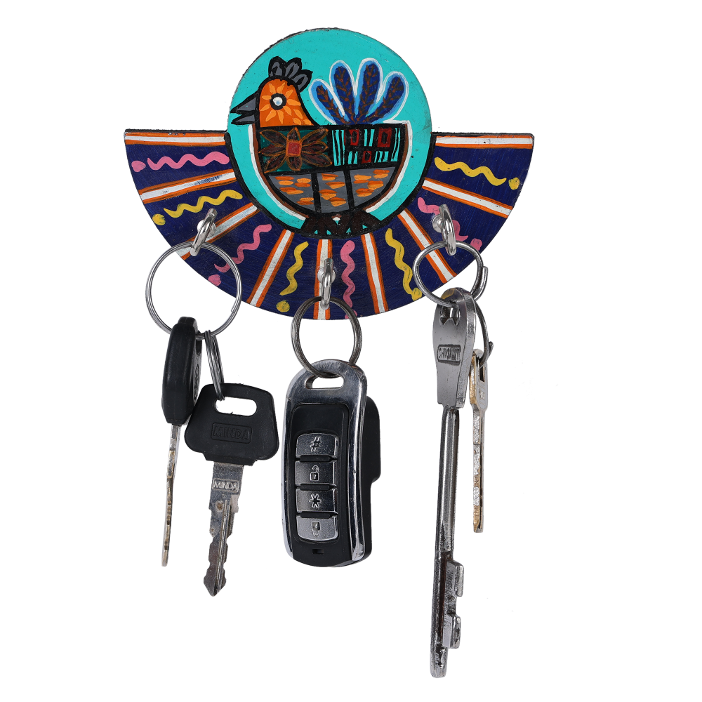 Indha Handcrafted Key Holder | Bird Design Key Holder| Multicolor Key Holder | Reprocessed Wood Key Holder | Handmade | Handpainted Key Holder | Home Décor | Office | Home Utility | 3 Hooks Key Holder | Gifting | Corporate Gifting | Eco-Friendly