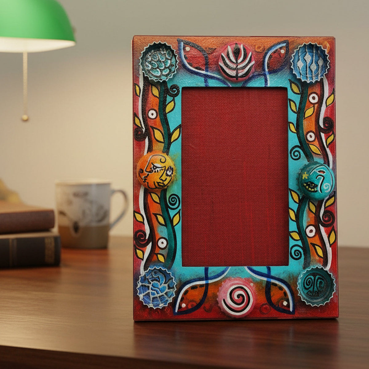 Indha Hand Painted Photo Frame | Handcrafted Photo Frame | Unique Design Photo Frame | Picture Frame | Sustainable Bottle Cap Crown Photo Frame | Multicolor Photo Frame | Eco-Friendly | Abstract Face Design Photo Frame | Gifting | Corporate Gifting |